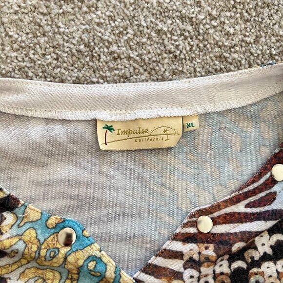 Y2K Asymmetrical Zebra & Cheetah Print Flowy V-Neck Top Brown Blue - Picture 4 of 11